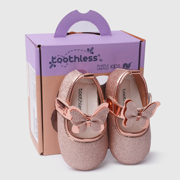 Infant Girls Booties in Rose Gold with Comfort Fit, Secure Strap, Soft Sole & Glitter Finish