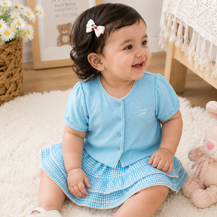 Infant Girls Coord Set in Light Blue with Textured Comfort Fabric Top & Cotton Checked Skirt