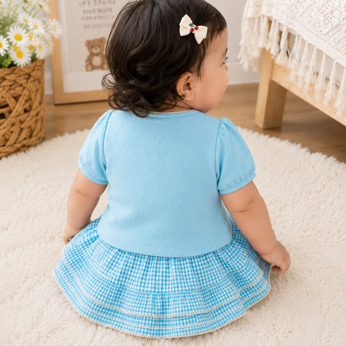 Infant Girls Coord Set in Light Blue with Textured Comfort Fabric Top & Cotton Checked Skirt