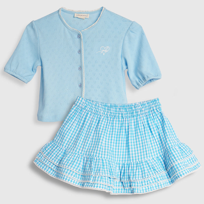 Infant Girls Coord Set in Light Blue with Textured Comfort Fabric Top & Cotton Checked Skirt