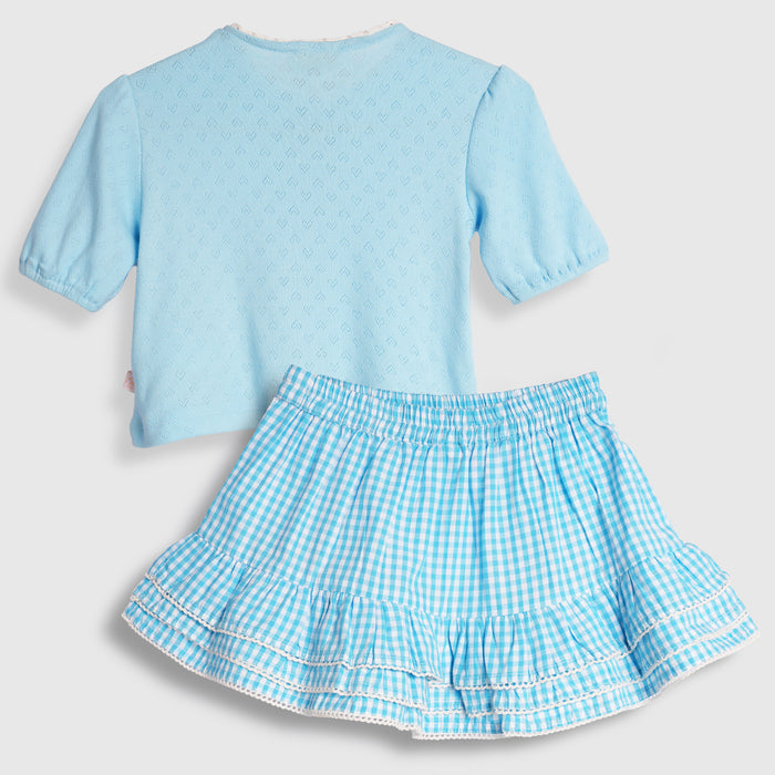 Infant Girls Coord Set in Light Blue with Textured Comfort Fabric Top & Cotton Checked Skirt