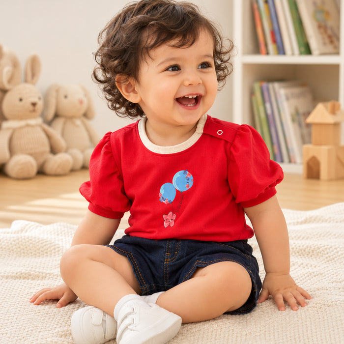 Infant Girls Coord Set in Red Dark Blue with Soft Puff Sleeve Top & Elastic Waist Denim Shorts