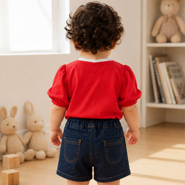Infant Girls Coord Set in Red Dark Blue with Soft Puff Sleeve Top & Elastic Waist Denim Shorts