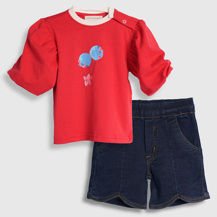 Infant Girls Coord Set in Red Dark Blue with Soft Puff Sleeve Top & Elastic Waist Denim Shorts