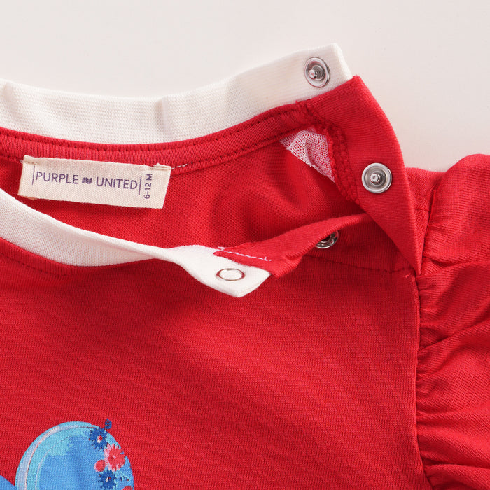 Infant Girls Coord Set in Red Dark Blue with Soft Puff Sleeve Top & Elastic Waist Denim Shorts