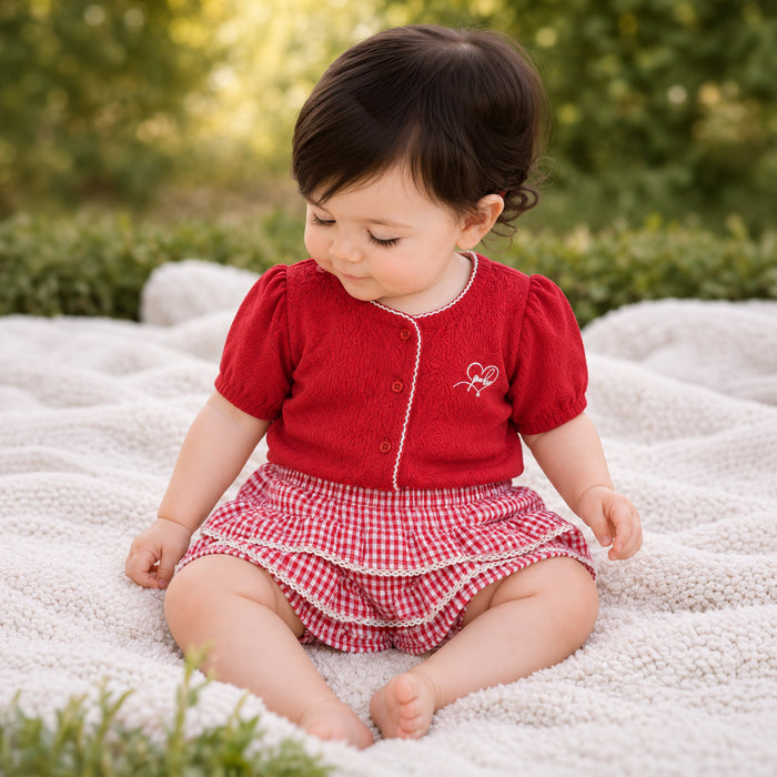 Infant Girls Coord Set in Red with Puff Sleeves, Textured Fabric Top & Cotton Checked Skirt