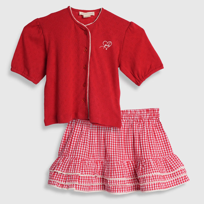 Infant Girls Coord Set in Red with Puff Sleeves, Textured Fabric Top & Cotton Checked Skirt
