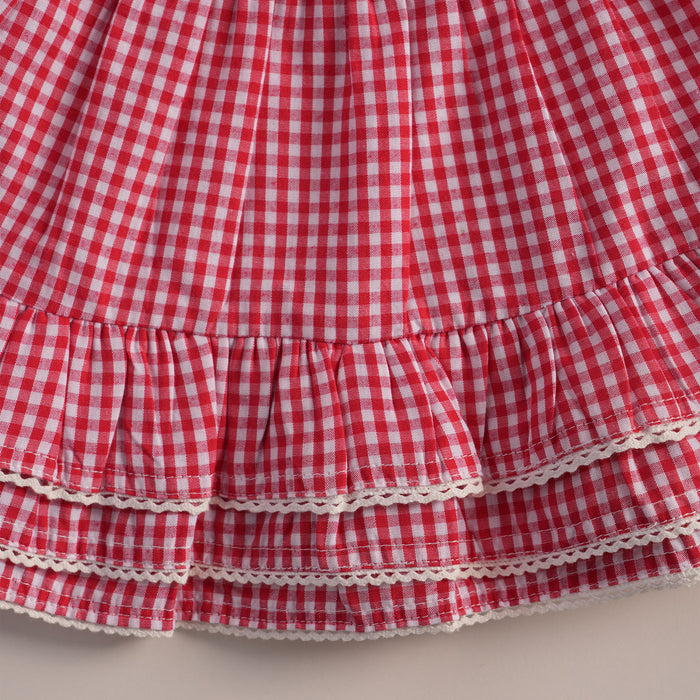 Infant Girls Coord Set in Red with Puff Sleeves, Textured Fabric Top & Cotton Checked Skirt