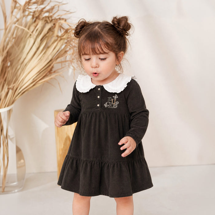 Infant Girls Corduroy Dress in Olive with Frill Collar & Snap Buttons, Perfect Comfort Wear