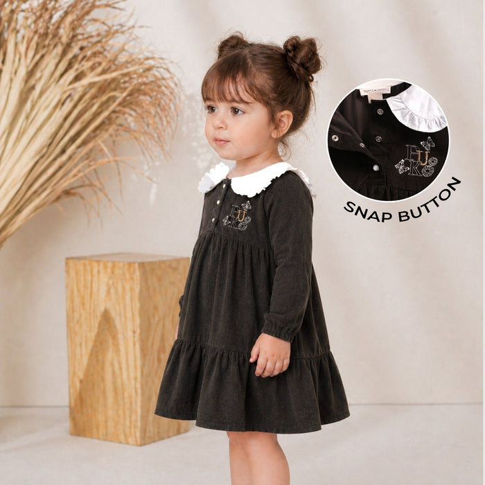 Infant Girls Corduroy Dress in Olive with Frill Collar & Snap Buttons, Perfect Comfort Wear