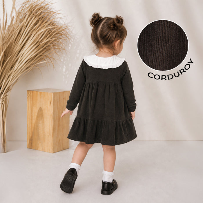 Infant Girls Corduroy Dress in Olive with Frill Collar & Snap Buttons, Perfect Comfort Wear