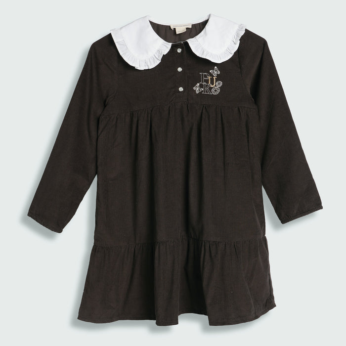 Infant Girls Corduroy Dress in Olive with Frill Collar & Snap Buttons, Perfect Comfort Wear