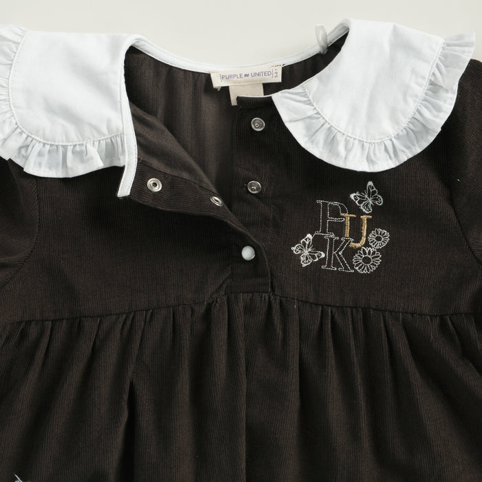 Infant Girls Corduroy Dress in Olive with Frill Collar & Snap Buttons, Perfect Comfort Wear