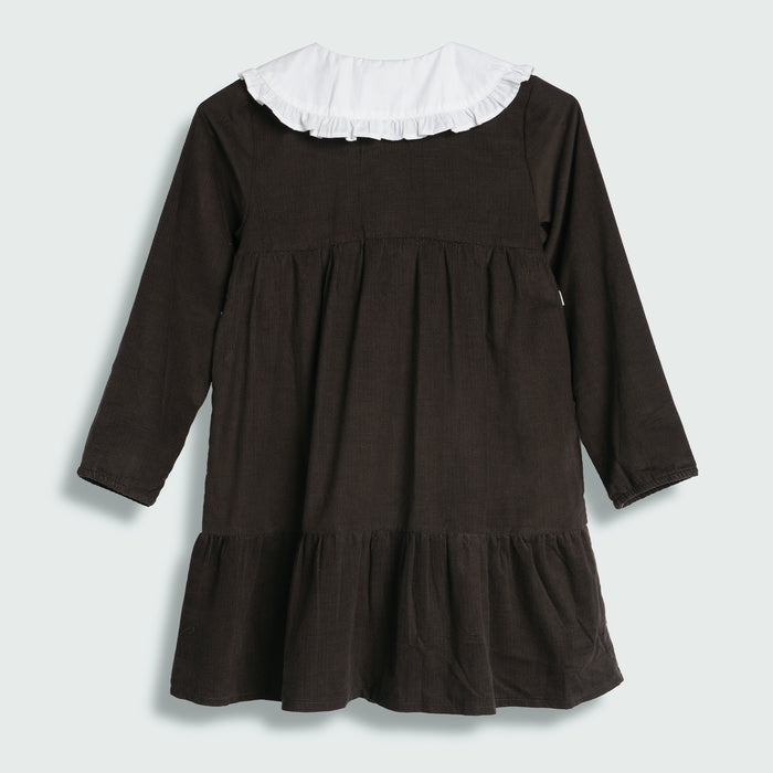 Infant Girls Corduroy Dress in Olive with Frill Collar & Snap Buttons, Perfect Comfort Wear