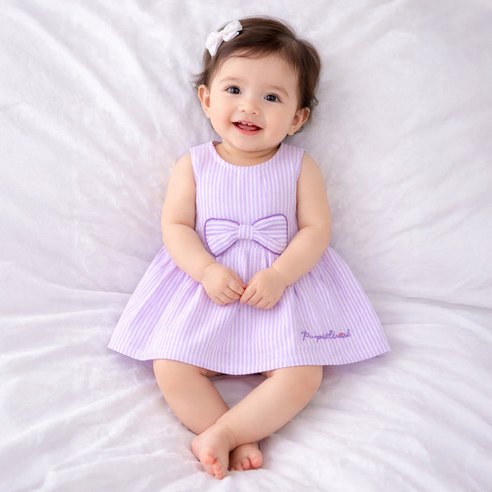 Infant Girls Dress in Lavender Striped with Bow Detail, Sleeveless & Cotton Fabric for Summers