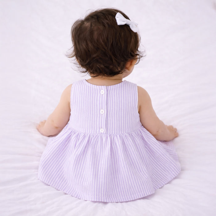 Infant Girls Dress in Lavender Striped with Bow Detail, Sleeveless & Cotton Fabric for Summers