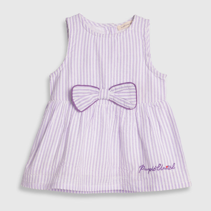 Infant Girls Dress in Lavender Striped with Bow Detail, Sleeveless & Cotton Fabric for Summers