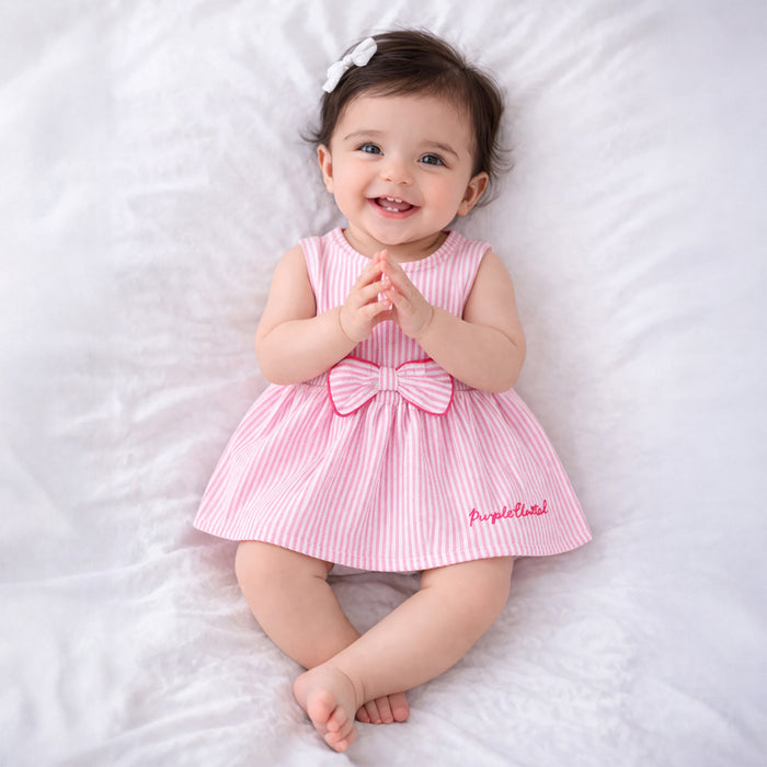 Infant Girls Dress in Pink Striped with Bow Detail, Sleeveless & Cotton Fabric for Summers
