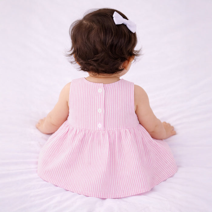Infant Girls Dress in Pink Striped with Bow Detail, Sleeveless & Cotton Fabric for Summers