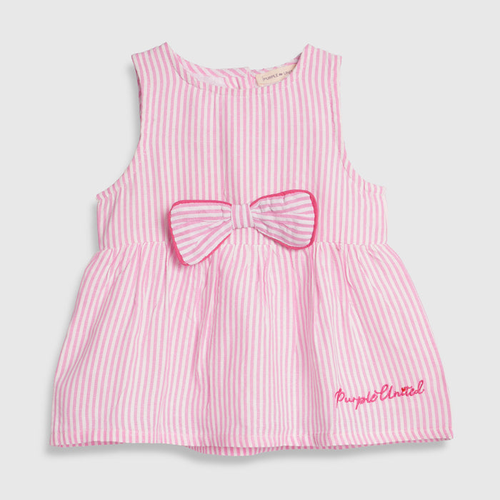 Infant Girls Dress in Pink Striped with Bow Detail, Sleeveless & Cotton Fabric for Summers