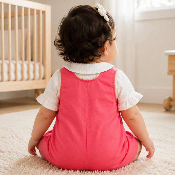 Infant Girls Dungaree in Pink White with Embroidered Pockets and Textured Cotton Comfort Shirt