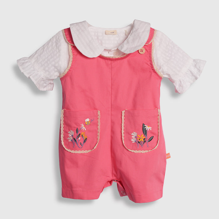 Infant Girls Dungaree in Pink White with Embroidered Pockets and Textured Cotton Comfort Shirt