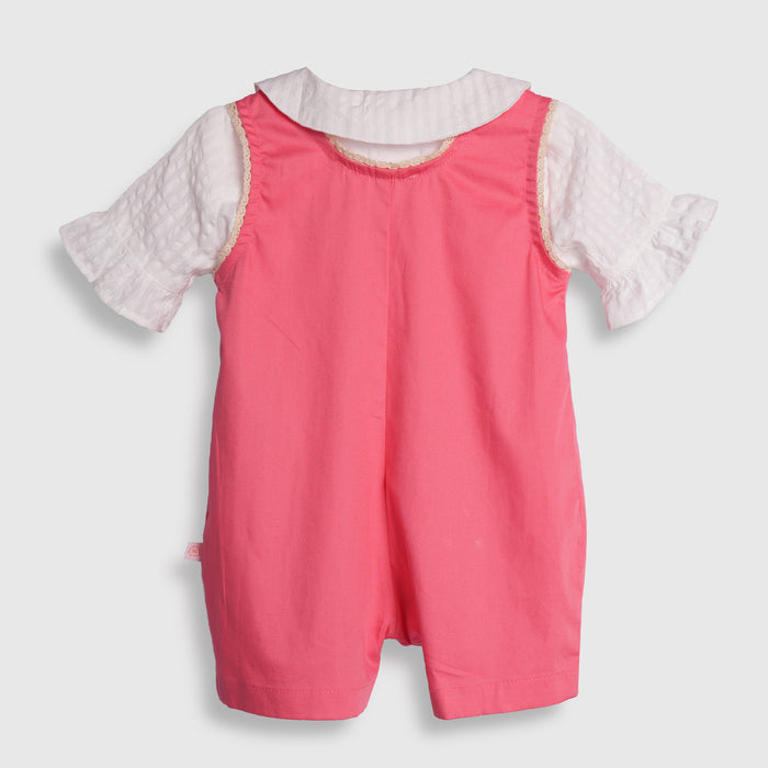 Infant Girls Dungaree in Pink White with Embroidered Pockets and Textured Cotton Comfort Shirt