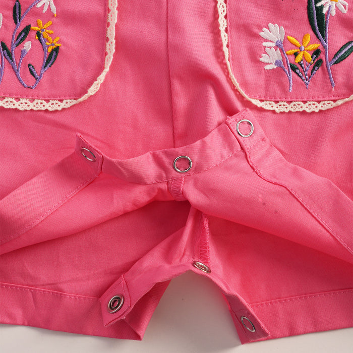 Infant Girls Dungaree in Pink White with Embroidered Pockets and Textured Cotton Comfort Shirt