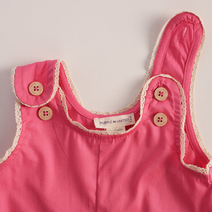 Infant Girls Dungaree in Pink White with Embroidered Pockets and Textured Cotton Comfort Shirt