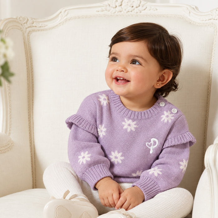 Infant Girls Sweater in Lavender with Floral Pattern, Full Sleeves & Ribbed Finish