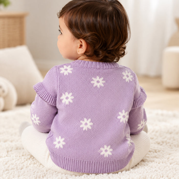 Infant Girls Sweater in Lavender with Floral Pattern, Full Sleeves & Ribbed Finish