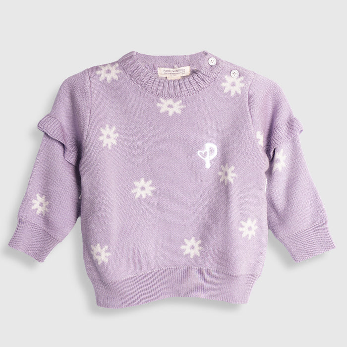 Infant Girls Sweater in Lavender with Floral Pattern, Full Sleeves & Ribbed Finish
