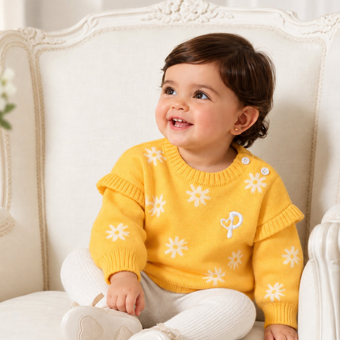 Infant Girls Sweater in Light Yellow with Floral Pattern, Full Sleeves & Ribbed Finish