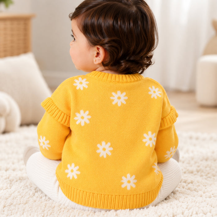 Infant Girls Sweater in Light Yellow with Floral Pattern, Full Sleeves & Ribbed Finish