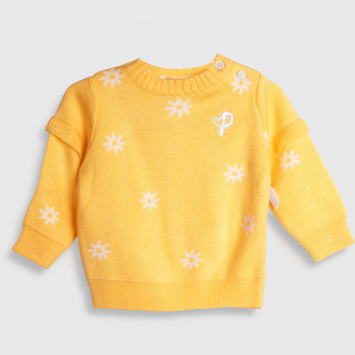 Infant Girls Sweater in Light Yellow with Floral Pattern, Full Sleeves & Ribbed Finish
