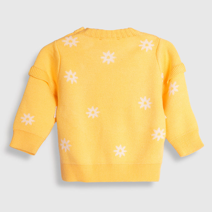 Infant Girls Sweater in Light Yellow with Floral Pattern, Full Sleeves & Ribbed Finish