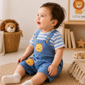 Infant Unisex Dungaree in Blue with Light Blue Striped Tshirt, Soft Fabric & Contrast Straps