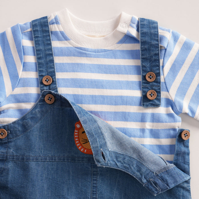 Infant Unisex Dungaree in Blue with Light Blue Striped Tshirt, Soft Fabric & Contrast Straps