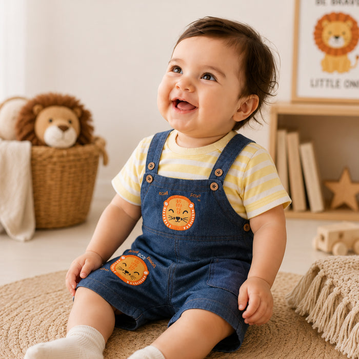 Infant Unisex Dungaree in Yellow with Dark Blue Striped Tshirt, Soft Fabric & Contrast Straps