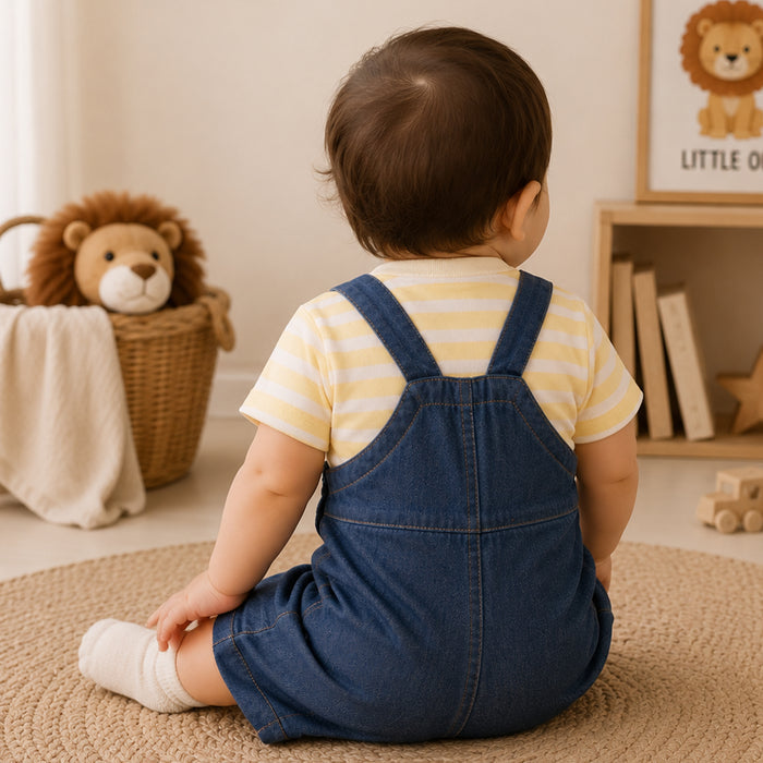 Infant Unisex Dungaree in Yellow with Dark Blue Striped Tshirt, Soft Fabric & Contrast Straps