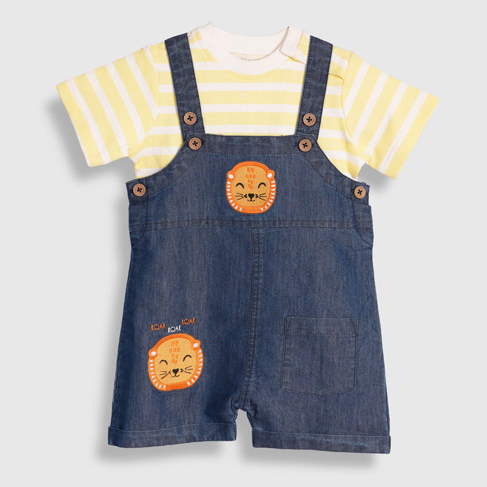 Infant Unisex Dungaree in Yellow with Dark Blue Striped Tshirt, Soft Fabric & Contrast Straps