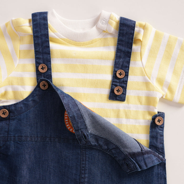 Infant Unisex Dungaree in Yellow with Dark Blue Striped Tshirt, Soft Fabric & Contrast Straps
