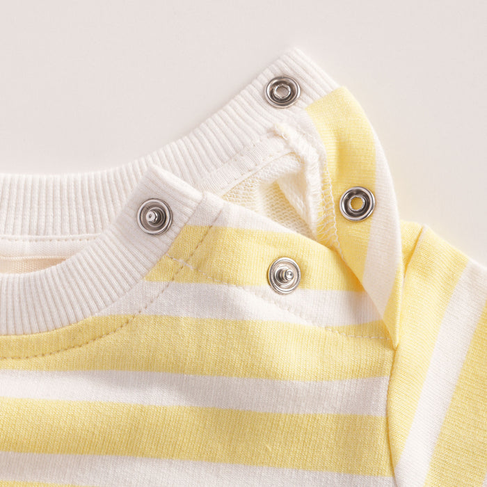 Infant Unisex Dungaree in Yellow with Dark Blue Striped Tshirt, Soft Fabric & Contrast Straps