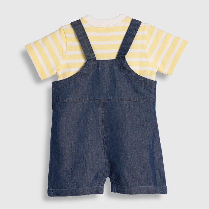 Infant Unisex Dungaree in Yellow with Dark Blue Striped Tshirt, Soft Fabric & Contrast Straps