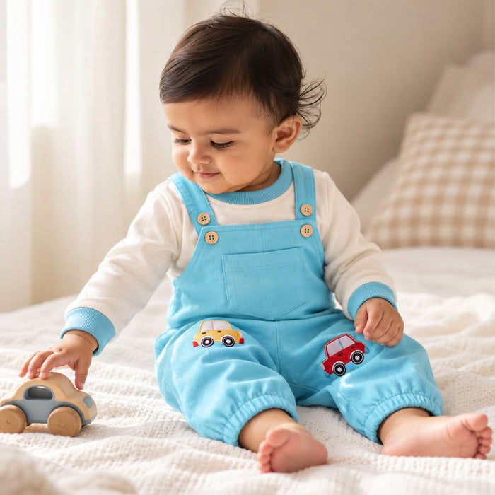 Infant Unisex Dungaree Set in Light Blue with Full Sleeves Tshirt, Warm Fabric & Comfort Fit