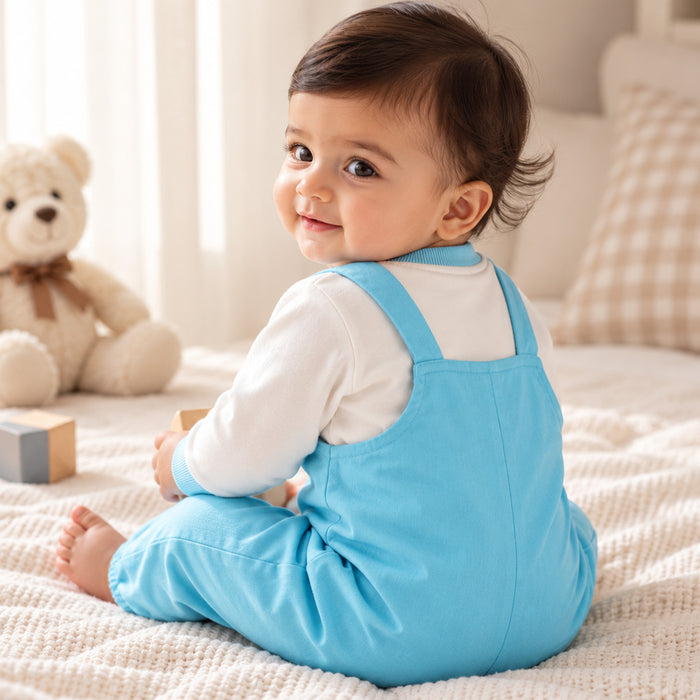 Infant Unisex Dungaree Set in Light Blue with Full Sleeves Tshirt, Warm Fabric & Comfort Fit