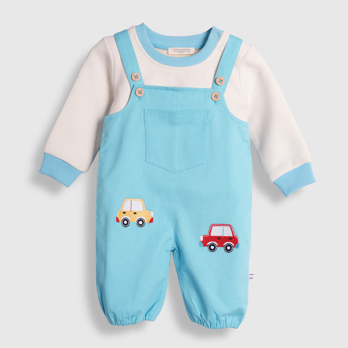 Infant Unisex Dungaree Set in Light Blue with Full Sleeves Tshirt, Warm Fabric & Comfort Fit