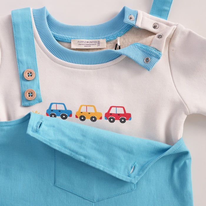 Infant Unisex Dungaree Set in Light Blue with Full Sleeves Tshirt, Warm Fabric & Comfort Fit