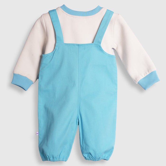 Infant Unisex Dungaree Set in Light Blue with Full Sleeves Tshirt, Warm Fabric & Comfort Fit