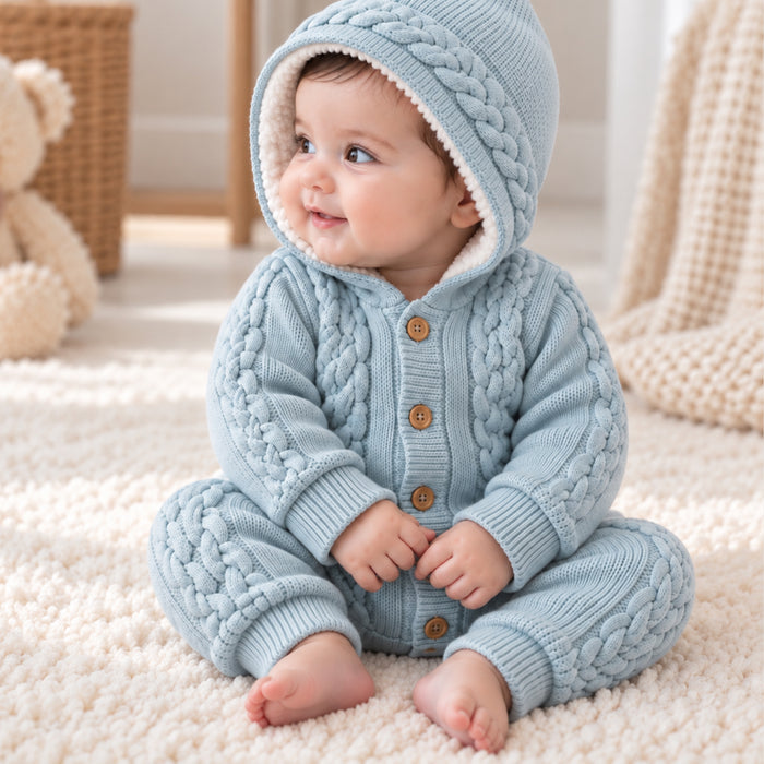 Infant Unisex Romper in Light Blue with Soft Knit Fabric, Comfortable Fit & Warm Fleece Hood